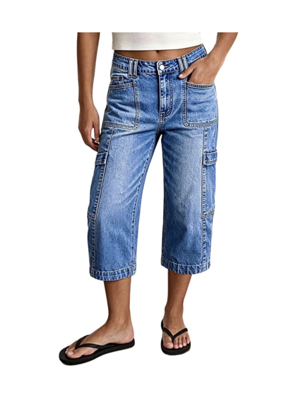 Flamingals Mid Rise Straight Leg Capri Jeans for Women Washed Patch Cargo L
